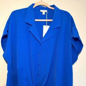 Plus Size 2XL 2X Tamara H. Blue Collared blouse top short sleeve tie front